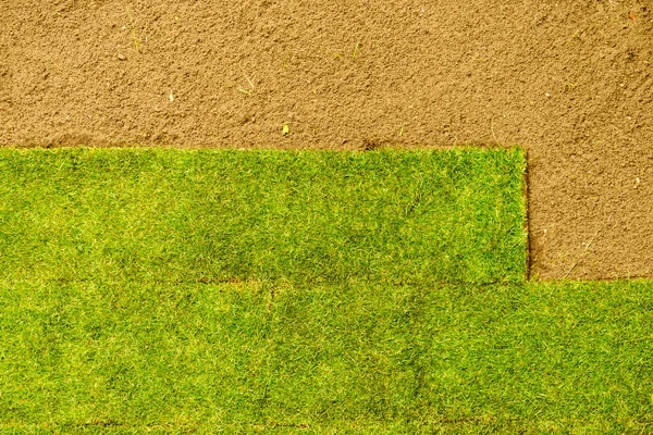 Gardening Laying Sod New Lawn Applying Turf Carpet Backyard Aerial — Stock Photo, Image