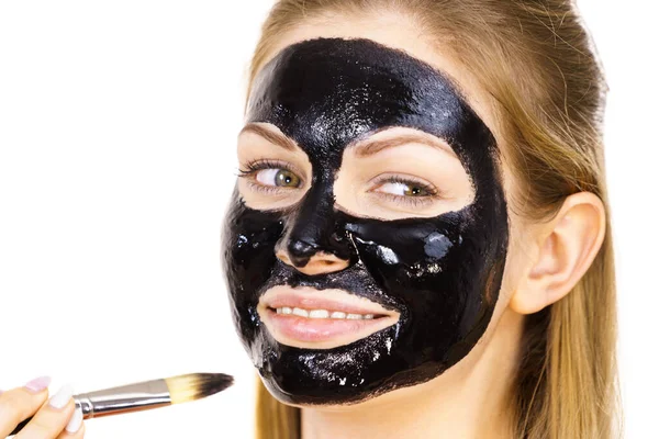 Young Woman Applying Brush Black Detox Peel Mask Her Face — Stock Photo, Image