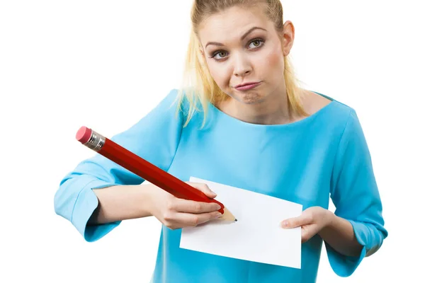 Teenage Thinking Woman Writing Some Notes Piece Paper Using Big — Stock Photo, Image