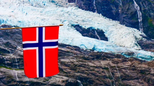 Norwegian Flag Boyabreen Glacier Fjaerland Area Sogndal Municipality Sogn Fjordane — Stock Photo, Image