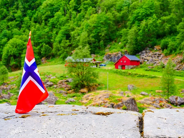 Noorse Vlag Zwaaiend Buiten Groene Natuur — Stockfoto