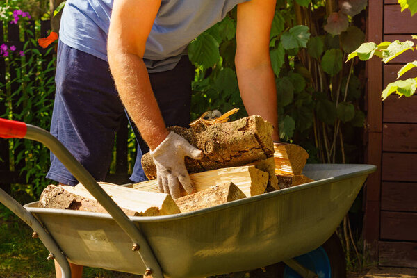 Man working with firewood, unloading wood from wheelbarrow. Preparation for winter.