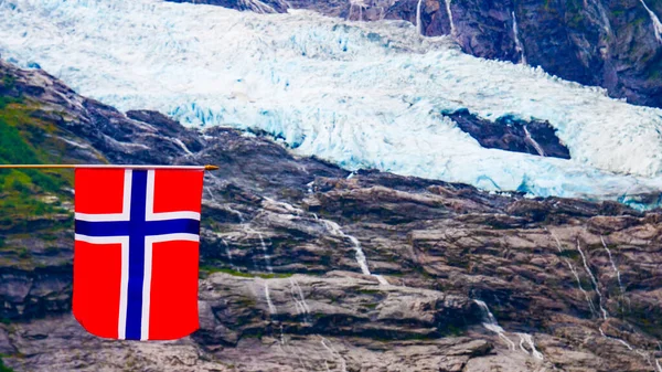 Norwegian Flag Boyabreen Glacier Fjaerland Area Sogndal Municipality Sogn Fjordane — Stock Photo, Image