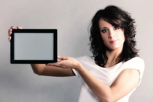 Girl showing tablet touchpad. — Stock Photo, Image