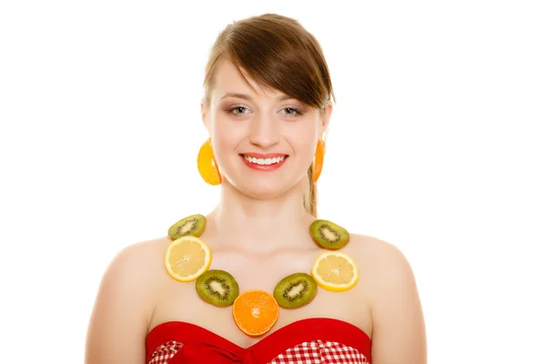 Diet. Girl with necklace of fresh citrus fruits isolated — Stock Photo, Image