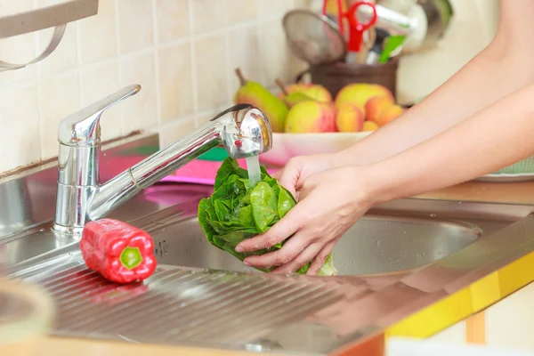 महिला रसोई में ताजा सब्जियां धो रही है — स्टॉक फ़ोटो, इमेज