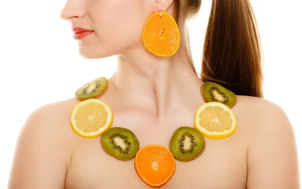 Diet. Girl with necklace of fresh citrus fruits isolated — Stock Photo, Image