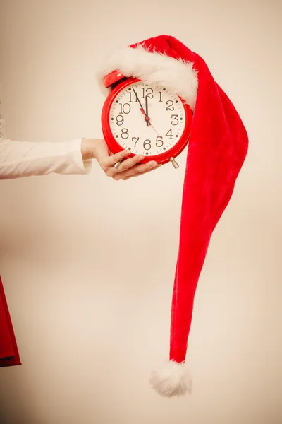 Closeup of woman with alarm clock. Christmas time. — Stock Photo, Image