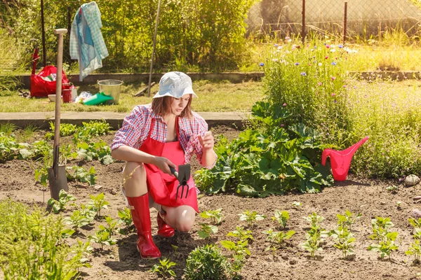 Wanita dengan alat berkebun bekerja di kebun — Stok Foto