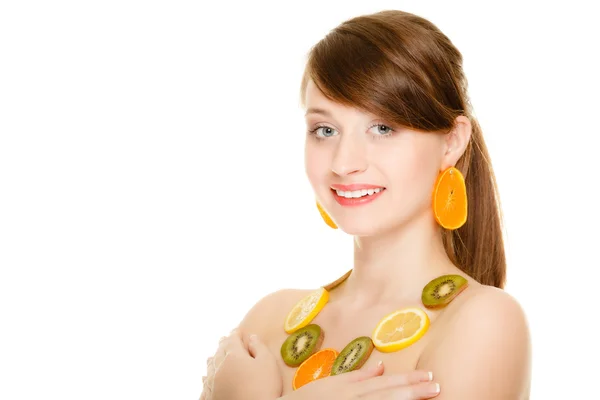 Diet. Girl with necklace of fresh citrus fruits isolated — Stock Photo, Image