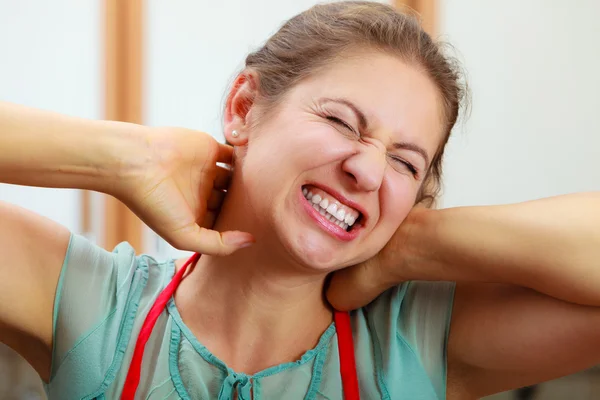 Overworked woman suffering from neck pain. — Stock Photo, Image