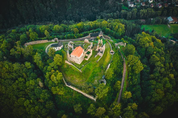 Ruínas Extensas Castelo Potstejn Encontram Uma Colina Cônica Arborizada Sudeste — Fotografia de Stock