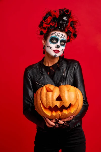 Halloweenfeest Meisje Gelukkig Meisje Met Suiker Schedel Make Met Een — Stockfoto