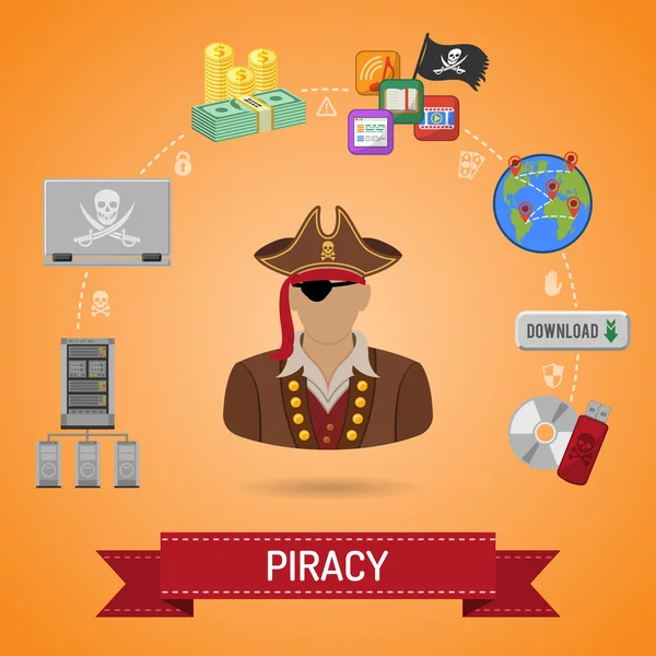 Concepto de piratería con pirata — Vector de stock