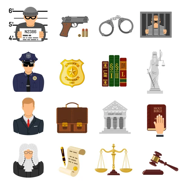 Zločin a trest ploché ikony — Stockový vektor