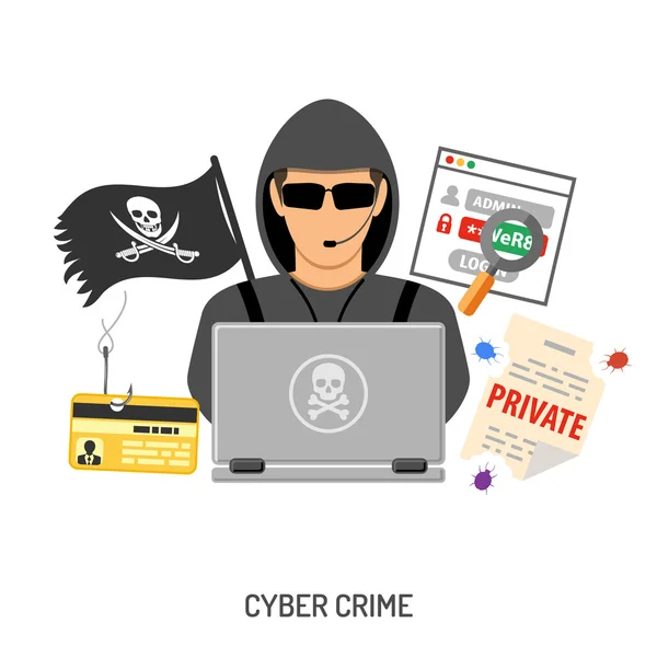 Cyber Crimine Concetto con Hacker — Vettoriale Stock