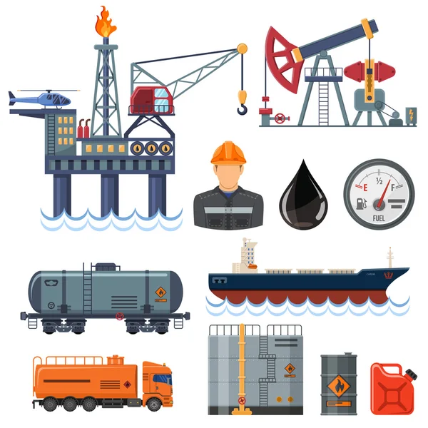 Indústria do petróleo conjunto de ícones planos — Vetor de Stock