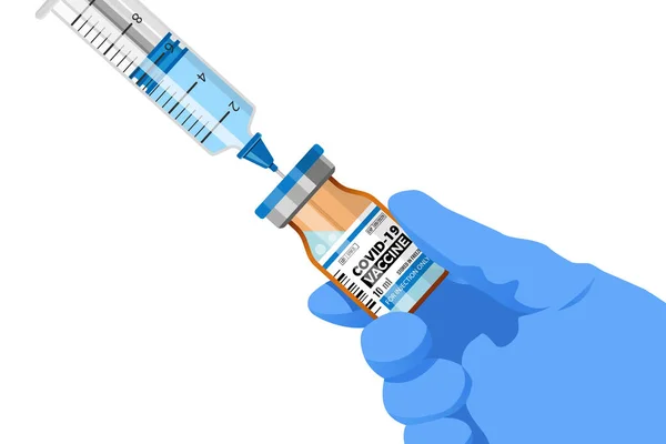 Covid Frasco Vacina Contra Coronavírus Seringa Injetável Mãos Médicos Tratamento — Vetor de Stock