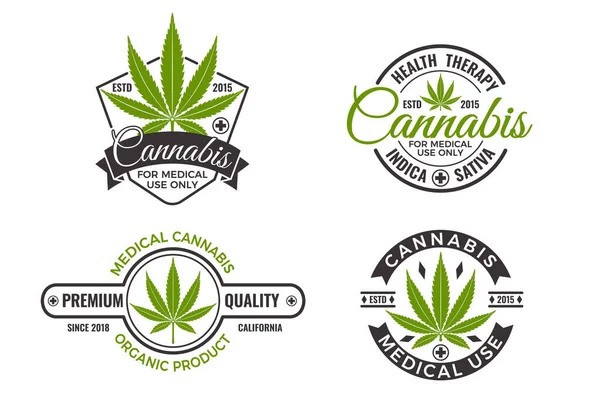 Medicinska Marijuanaproduktetiketter Med Ekologiska Hampblad Cannabis Logo Design Mall För — Stock vektor