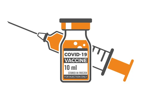 Covid 19コロナウイルスワクチン コロナウイルスワクチンのボトルと使い捨ての医療注射器 ワクチンバイアルとコロナ19ワクチン接種 — ストックベクタ