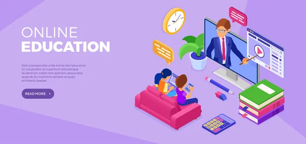 アイソメトリックキャラクターとオンライン距離教育バナー 先生と家からインターネットのコースやオンライン学習 遠隔家庭教育技術 着陸ページ 等方ベクトル図 — ストックベクタ