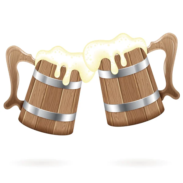 Dos tazas de madera con cerveza — Vector de stock