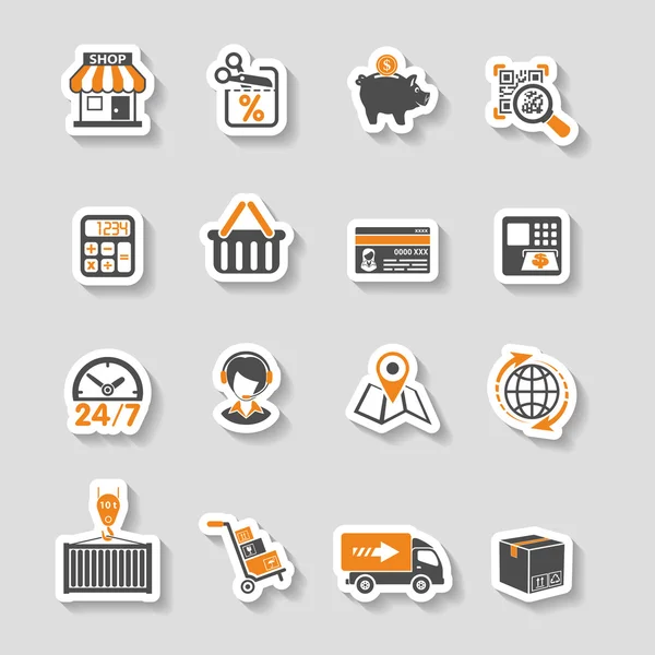 Internet-Einkauf und Lieferung Aufkleber Icon Set — Stockvektor