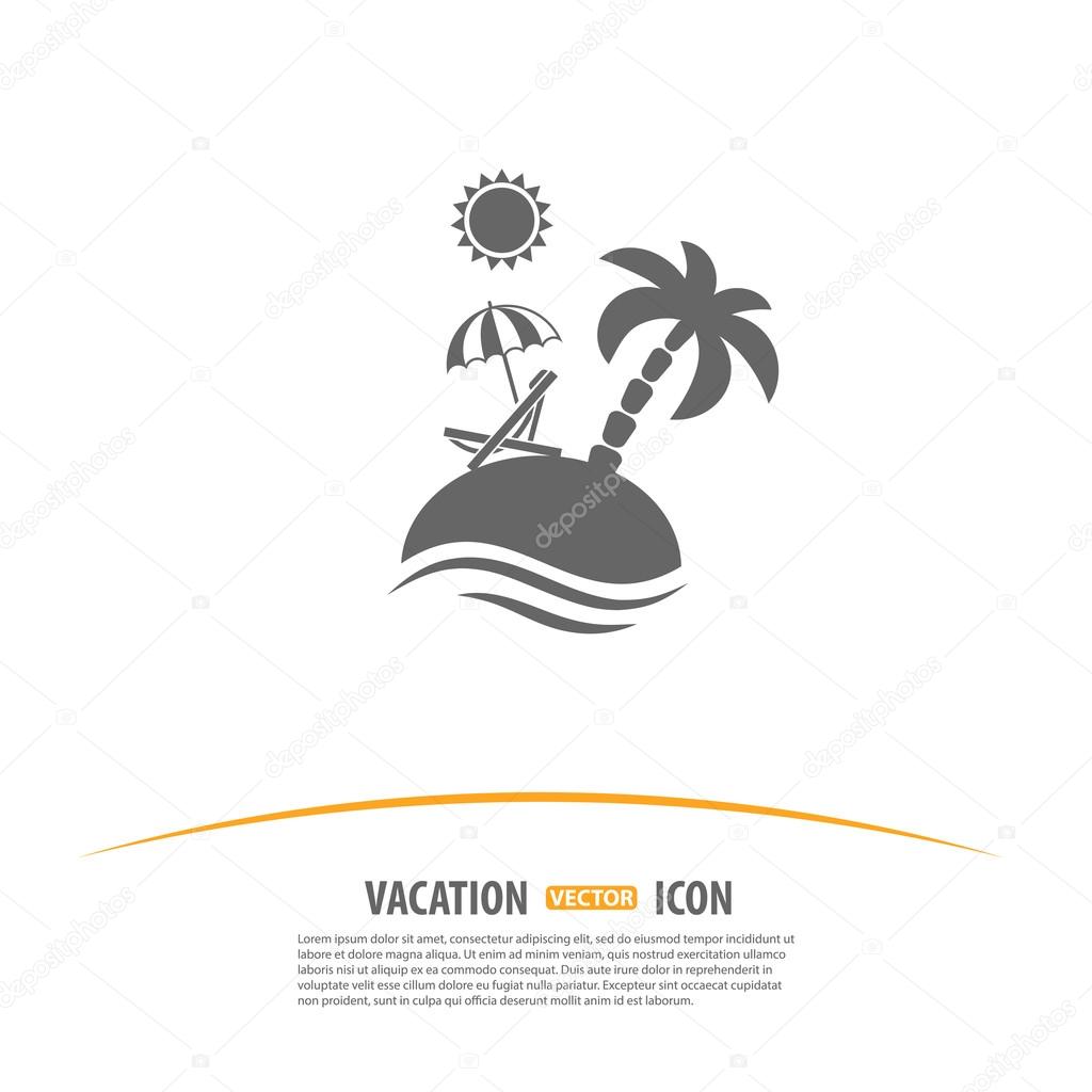Travel, Tourism and Vacation Logo Design Template. Island with Palms, Sun, Umbrella and Beach Chair icon.