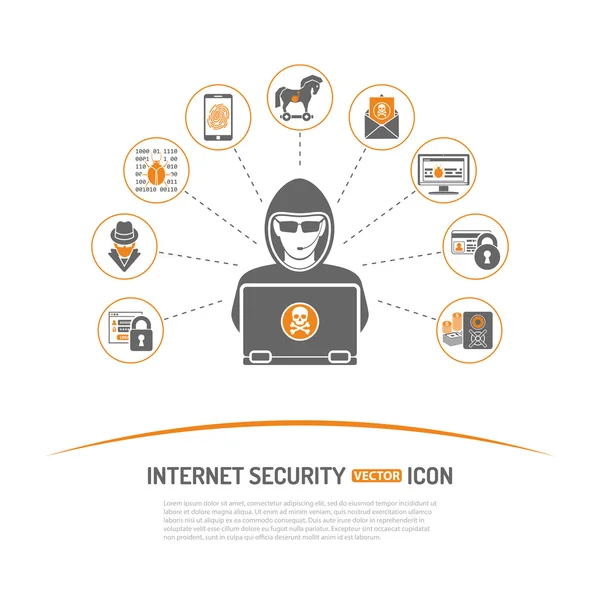 Internet-Sicherheitskonzept mit Icon-Set für Flyer, Poster, Website wie Hacker, Virus, Spam und Safe. — Stockillustration Sicherheitskonzept Internet — Stockvektor