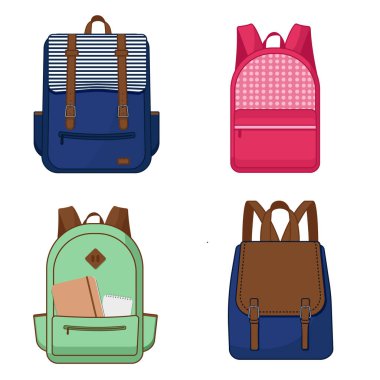 Sırt çantalarının düz vektör okul çantası seti