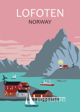 Lofoten Adaları Norveç kıyısı fiyort vektör posteri
