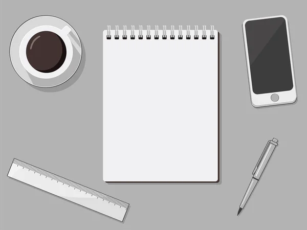 Modern iş yeri ve çalışma alanının düz vektör çizimi. Kalem ve not defteriyle masa arkaplanının üst görünümü. Yapılacaklar listesi