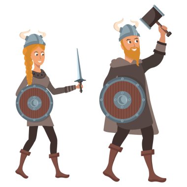 Beyaz arka planda çizgi film Vikingleri. İskandinav savaşçı kadın ve erkek