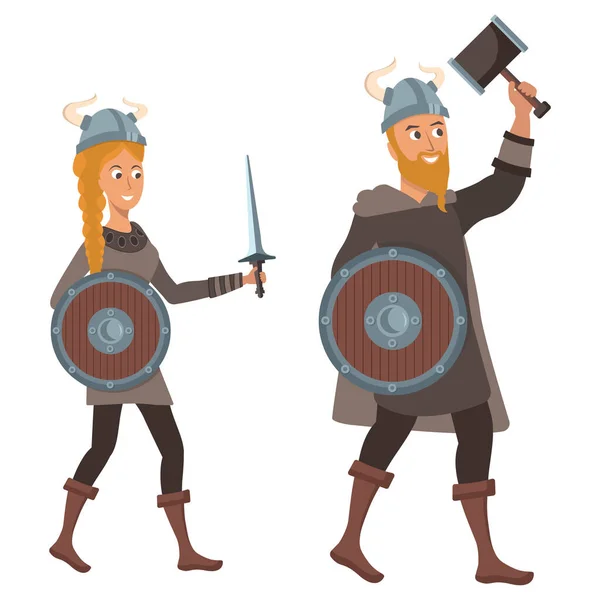 Beyaz arka planda çizgi film Vikingleri. İskandinav savaşçı kadın ve erkek