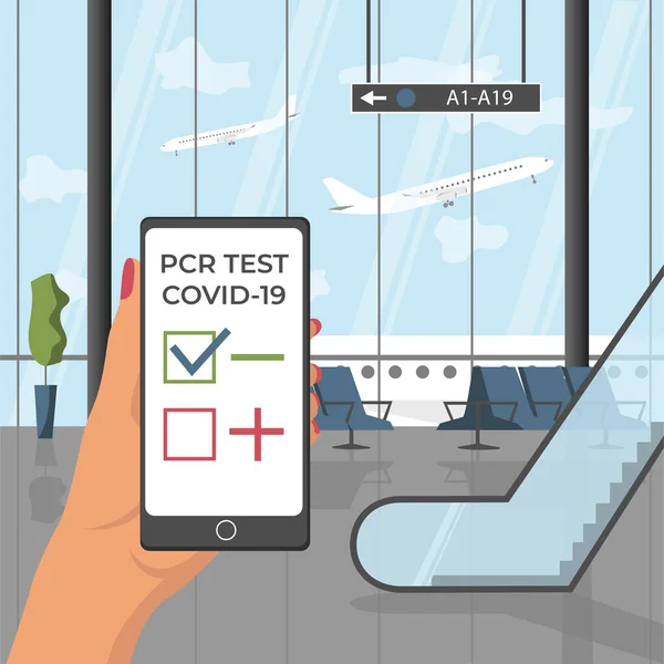 Teste PCR negativo para coronavírus COVID-19 no treminal airpoart, viajando, telefone celular — Vetor de Stock