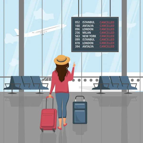 Uçuş iptal edildi, bavullu yolcu, Coronavirüs nedeniyle seyahat, covid-19, vektör çizimi