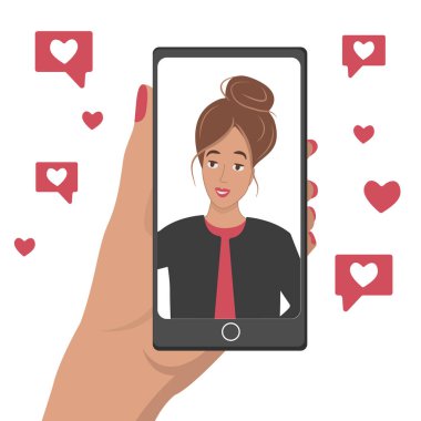 Genç bir kadın akıllı telefondan selfie çekiyor. Vektör illüstrasyonu, çizgi film biçimi