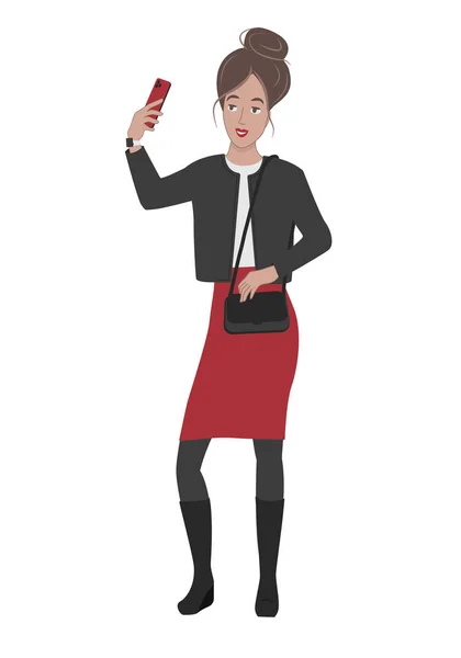 Güzel bir iş kadını telefon kamerasıyla selfie çekiyor, moda blogcusu.