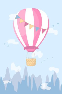 Sıcak hava balonu, bulutlar ve dağlar. pembe ve mavi renkler, çocuk odası dekorasyonu, poster