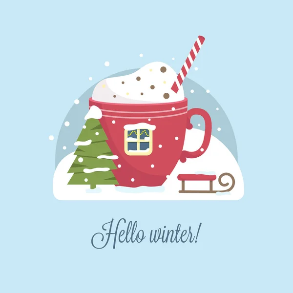Merhaba kış Noel kartpostalı, kremalı bir fincan kahve.