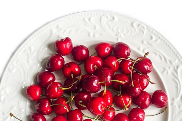 Lots Red Ripe Cherries Beautiful Plate White Background — Stock Photo, Image