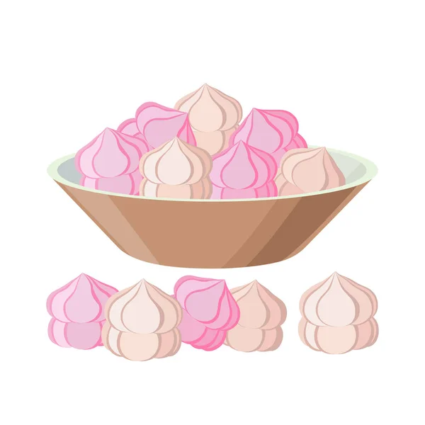 Zefir in bowl - vector illustration isolated on white background. Marshmallow pile. — Stock Vector