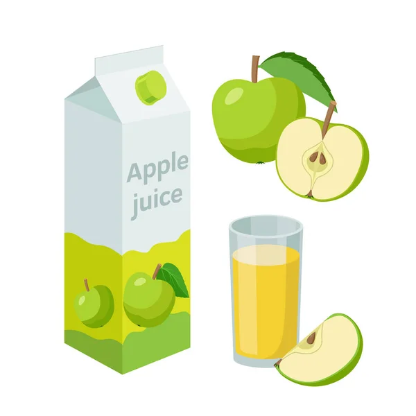 Appelsap in verpakking en vers geheel en gehalveerd appels, glas appelsap. Vector illustratie in plat ontwerp. Appeldrank. — Stockvector