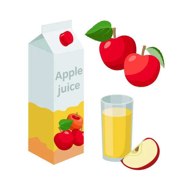 Sumo de maçã em embalagens e maçãs inteiras e cortadas pela metade, copo de suco de maçã. Ilustração vetorial em design plano. Bebida Apple. — Vetor de Stock