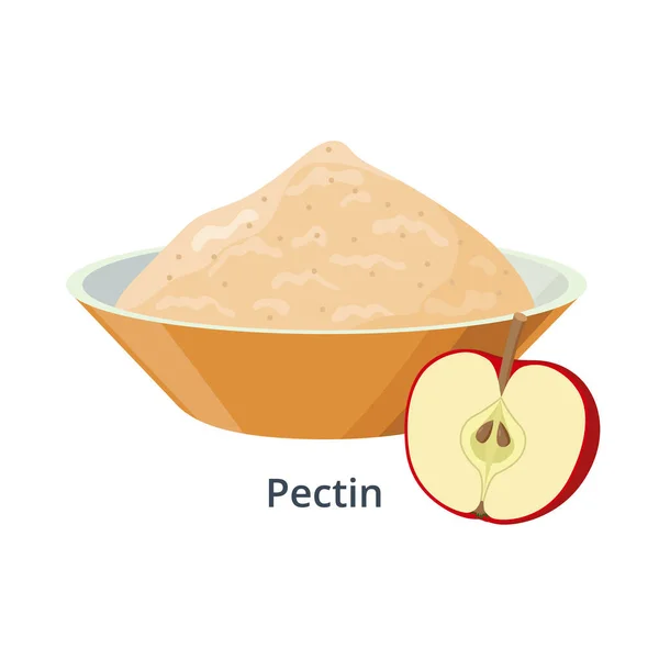 Pectina en tazón - ilustración vectorial aislada sobre fondo blanco. Producto de manzana y manzana roja a la mitad. — Vector de stock