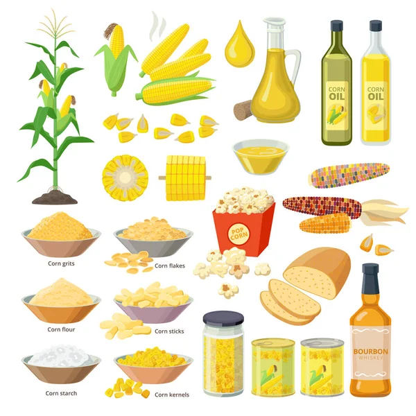 Alimentos de maíz, conjunto de harina de maíz, aceite de maíz, palitos de maíz, copos de maíz, maíz pop, sémola, harina, almidón, granos, planta, pan, bourbon - iones planos aislados sobre fondo blanco. — Vector de stock