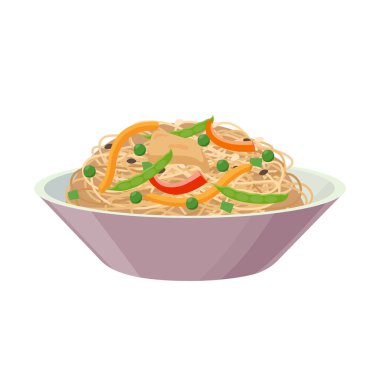 Biberli pirinç eriştesi, et ve bezelye, beyaz arka planda izole edilmiş. Düz tasarımda vektör illüstrasyonu.