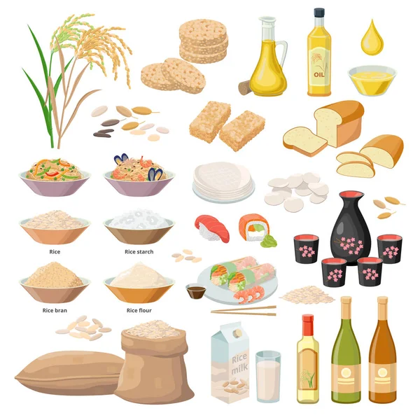 Risprodukter, livsmedel av ris, olja, mjöl, kli, stärkelse, mjölk, poppat ris, kaka, vin, bröd, sushi, chips, B nh tr ng, papper, kärnor etc. Vektoruppsättning infgrafiska element. — Stock vektor