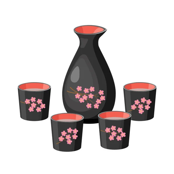 Frascos de sake pintados con sakura. Botellas negras decoradas con sake, vino de arroz y copas aisladas sobre fondo blanco. — Archivo Imágenes Vectoriales