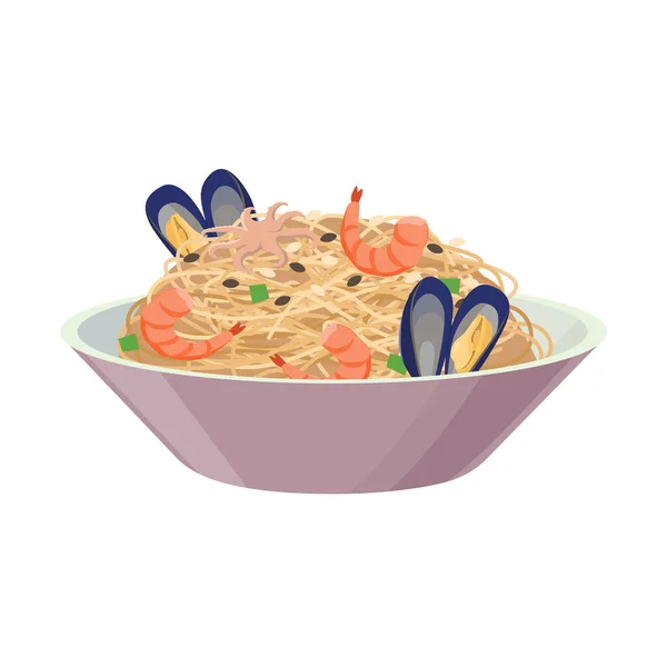 Macarrão de arroz com frutos do mar, mexilhões isolados sobre fundo branco. Ilustração vetorial em design plano. — Vetor de Stock